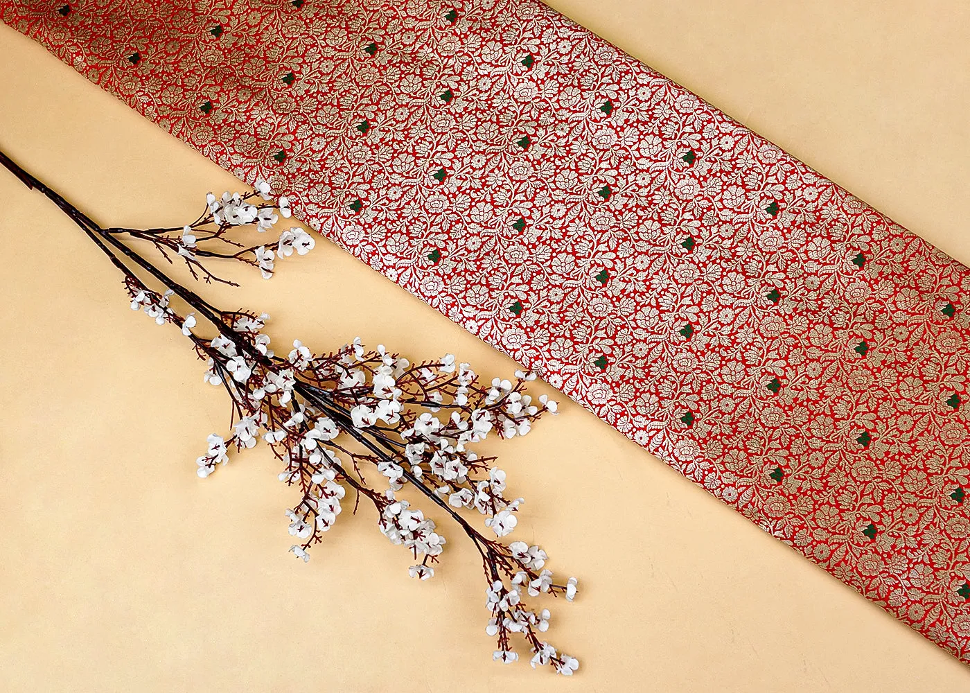 Beautiful Red Banarasi Brocade with Floral Silver Handloom