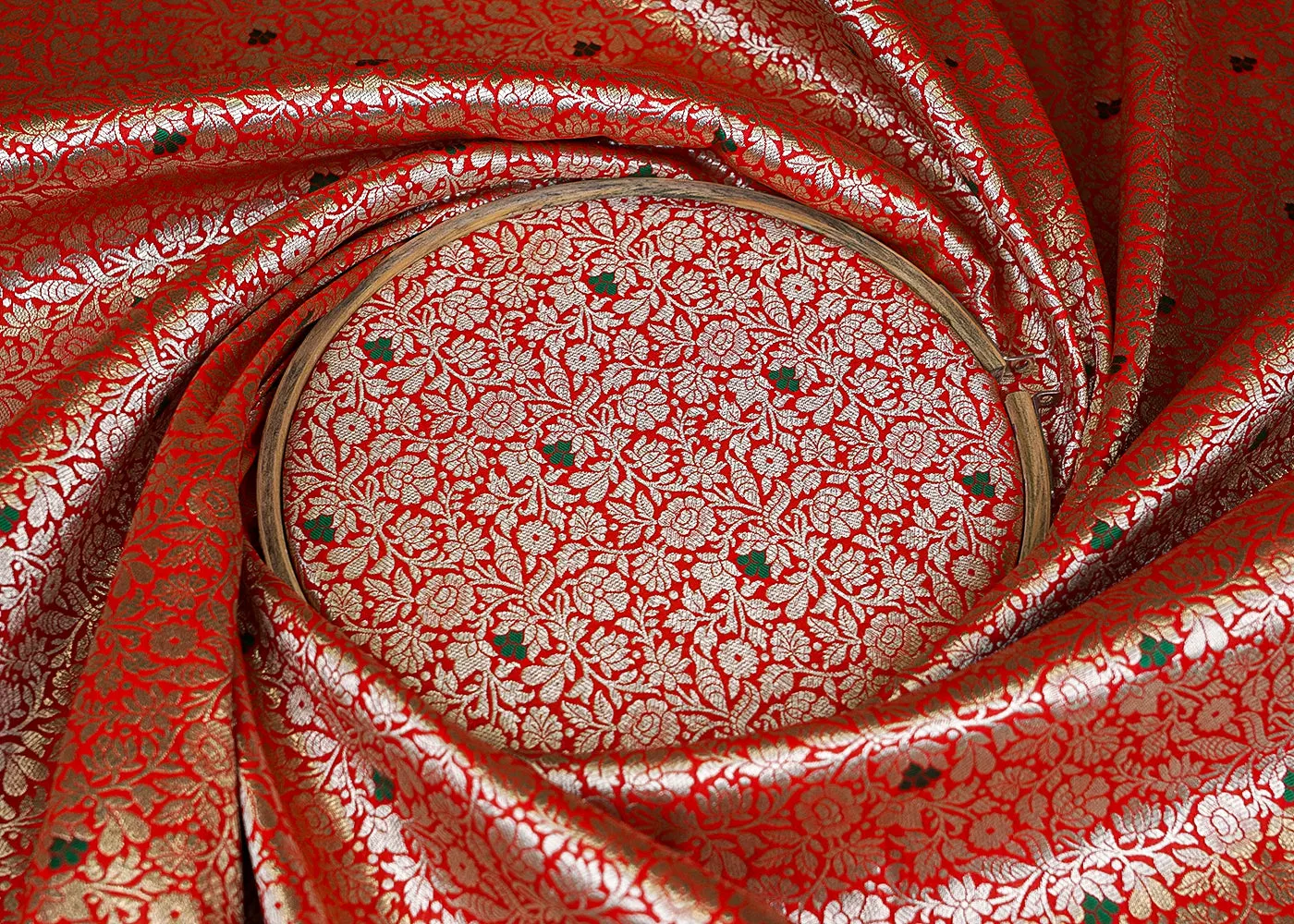 Beautiful Red Banarasi Brocade with Floral Silver Handloom