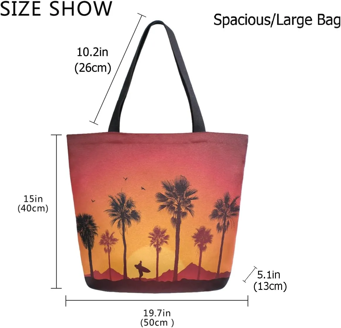Beautiful Sunset Beach Palm Tree Surfing Man Silhouette Print Extra Large Canvas Shoulder Tote Top Storage Handle Bag for Gym Beach Weekender Travel Reusable Grocery Shopping