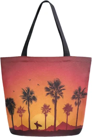 Beautiful Sunset Beach Palm Tree Surfing Man Silhouette Print Extra Large Canvas Shoulder Tote Top Storage Handle Bag for Gym Beach Weekender Travel Reusable Grocery Shopping