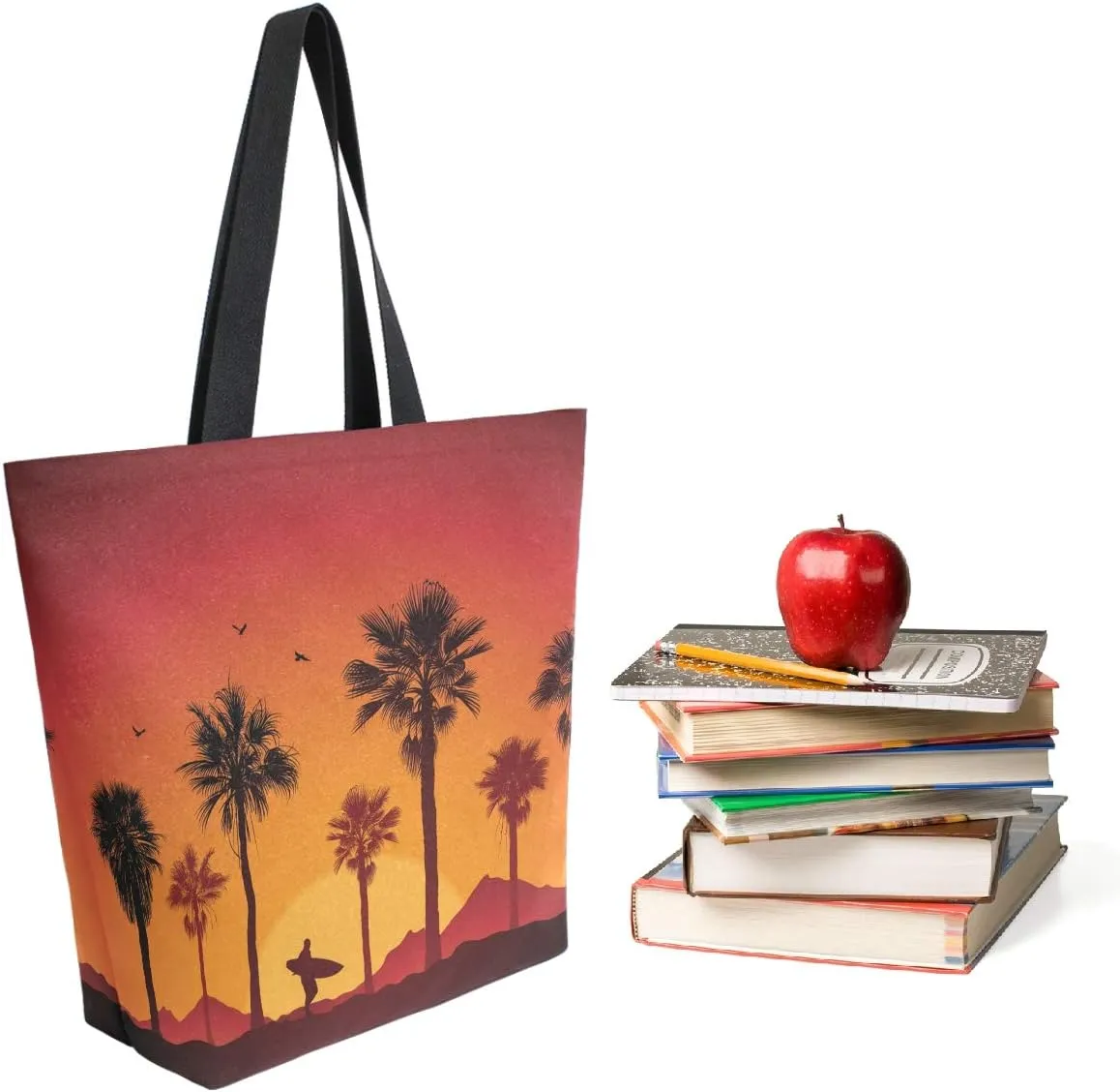 Beautiful Sunset Beach Palm Tree Surfing Man Silhouette Print Extra Large Canvas Shoulder Tote Top Storage Handle Bag for Gym Beach Weekender Travel Reusable Grocery Shopping
