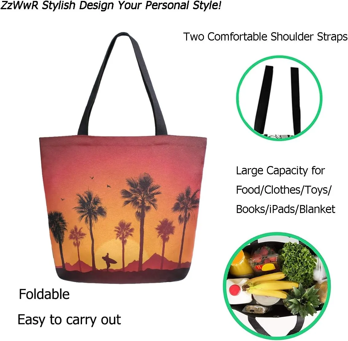 Beautiful Sunset Beach Palm Tree Surfing Man Silhouette Print Extra Large Canvas Shoulder Tote Top Storage Handle Bag for Gym Beach Weekender Travel Reusable Grocery Shopping