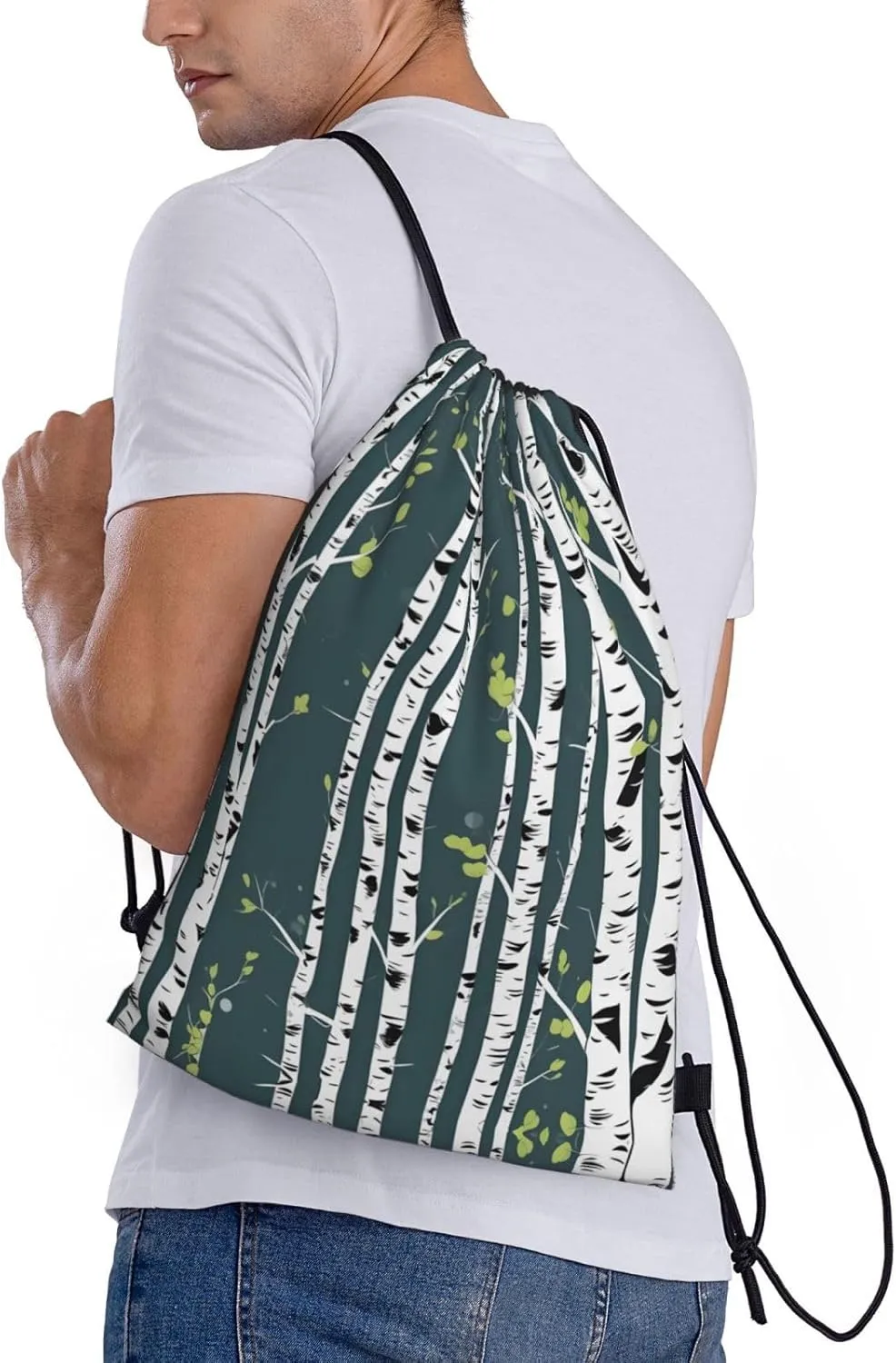 Beauty Birch Tree print Drawstring Backpack Bags Sack Cinch Tote Sport Storage Polyester Bag for Gym Traveling