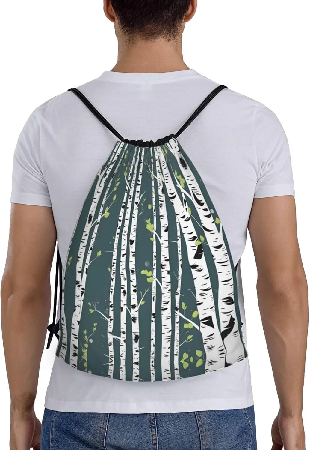 Beauty Birch Tree print Drawstring Backpack Bags Sack Cinch Tote Sport Storage Polyester Bag for Gym Traveling