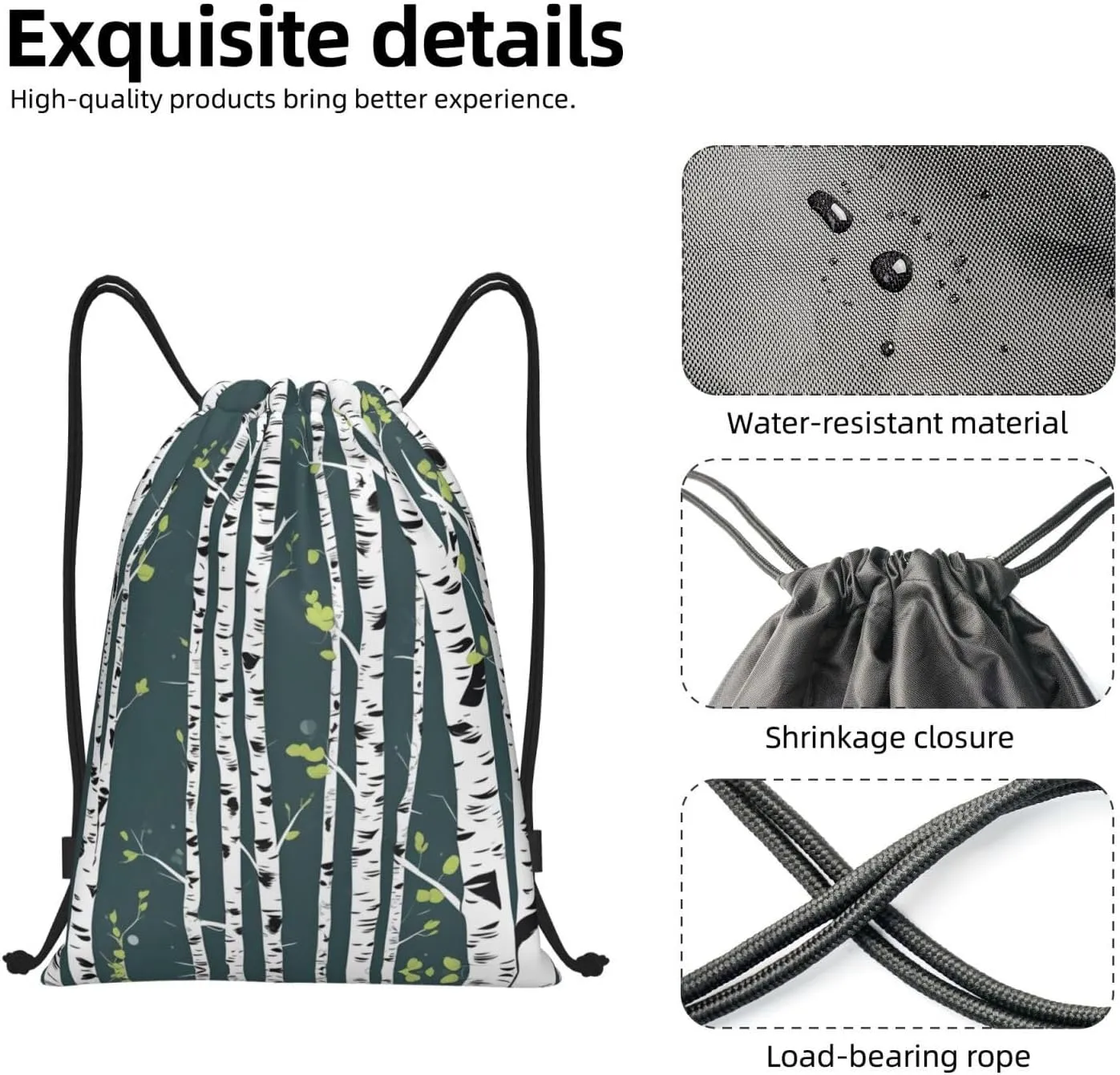 Beauty Birch Tree print Drawstring Backpack Bags Sack Cinch Tote Sport Storage Polyester Bag for Gym Traveling