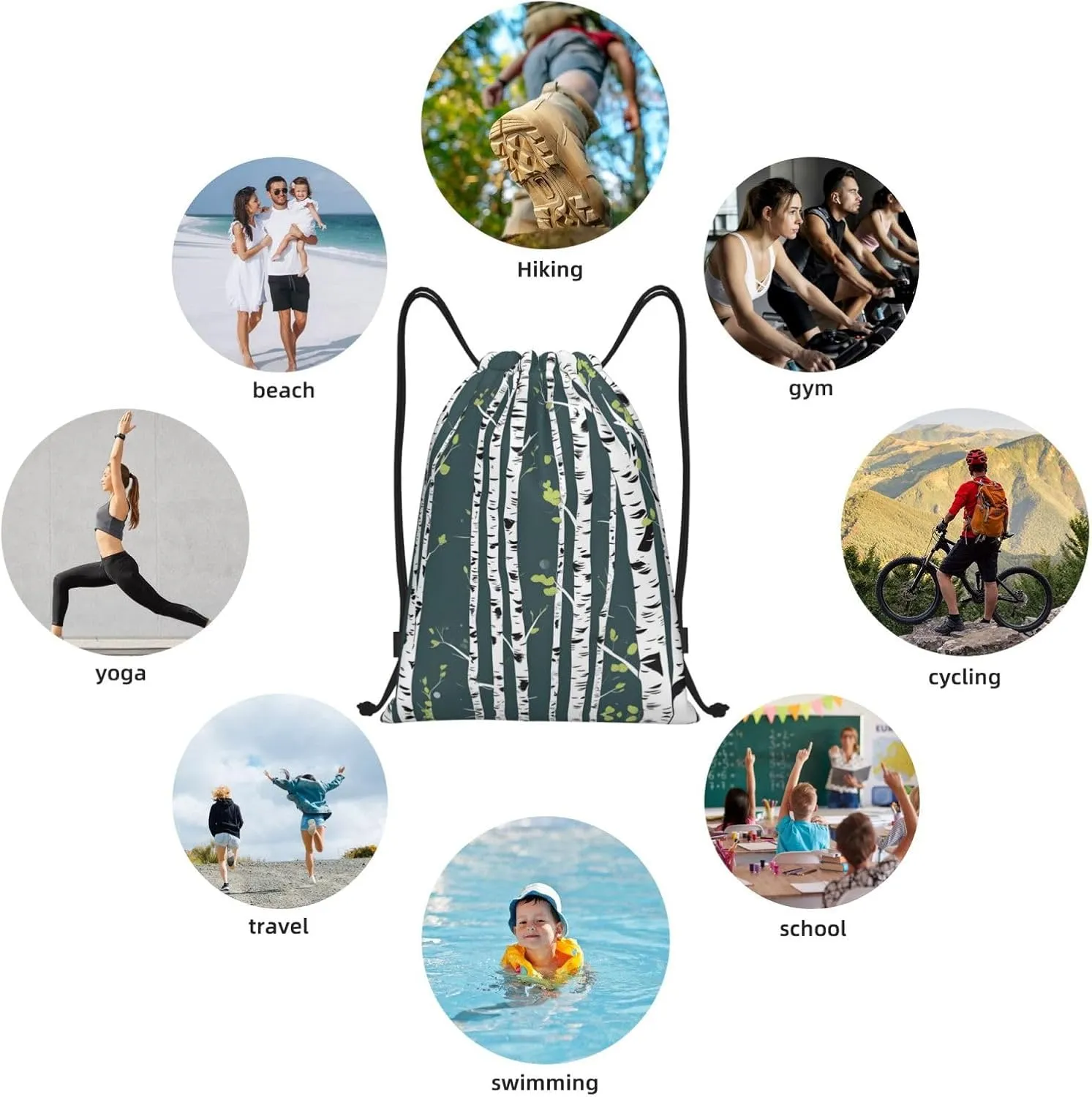 Beauty Birch Tree print Drawstring Backpack Bags Sack Cinch Tote Sport Storage Polyester Bag for Gym Traveling