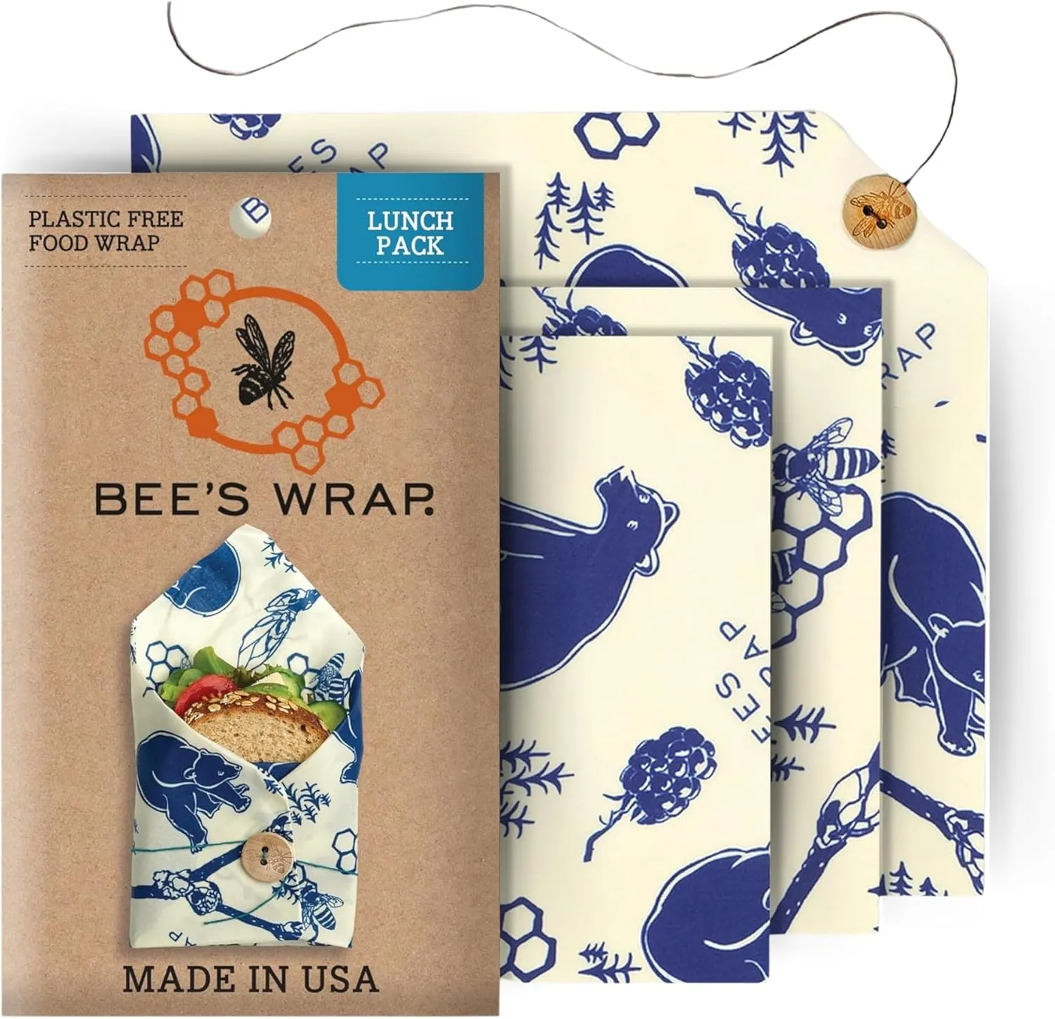 Bee's Wrap Beeswax Wraps for Food - Bees   Bears 3 Pack (2M 1 Sandwich) Made in USA Reusable & Organic Food Wraps, Sandwich Wrap - Eco-Friendly Alternative to Aluminum Foil & Plastic Wrap