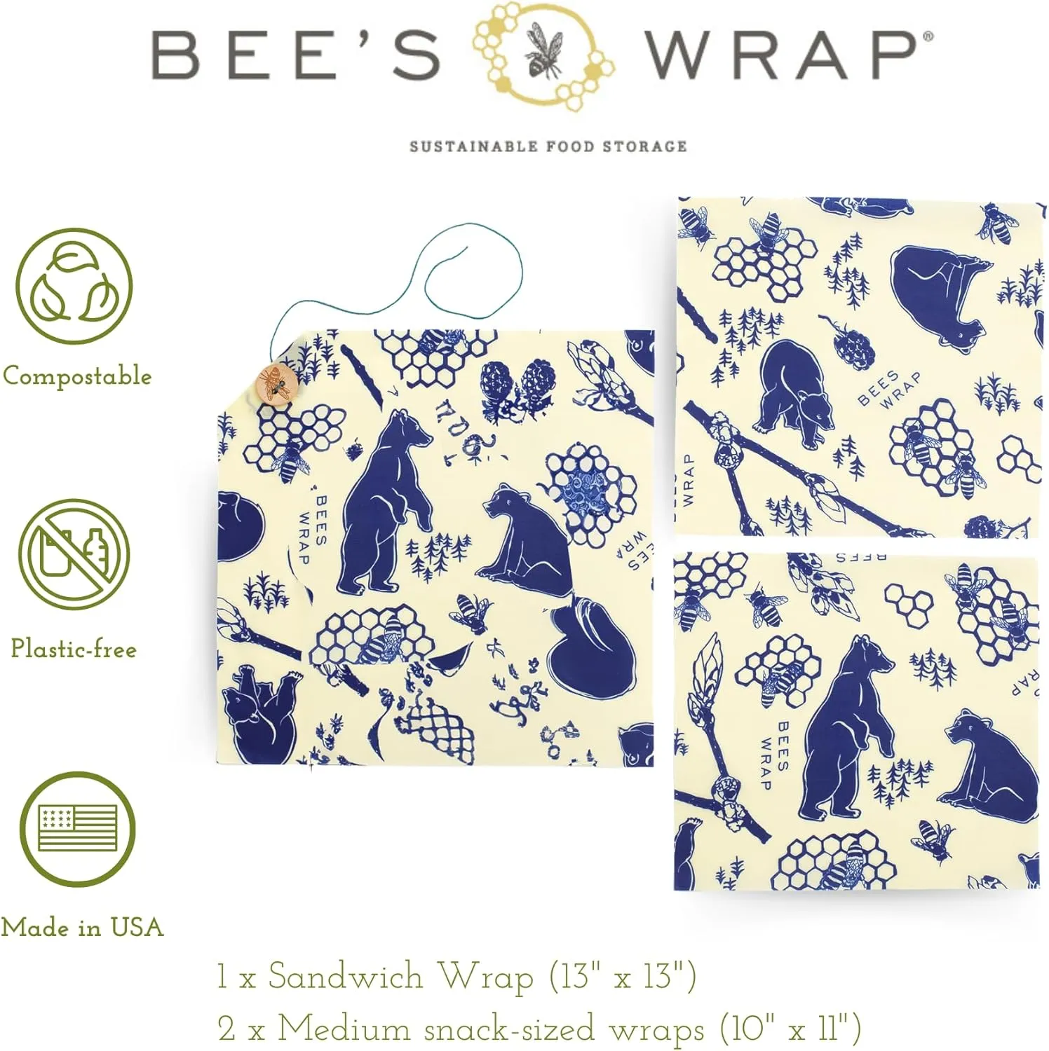 Bee's Wrap Beeswax Wraps for Food - Bees   Bears 3 Pack (2M 1 Sandwich) Made in USA Reusable & Organic Food Wraps, Sandwich Wrap - Eco-Friendly Alternative to Aluminum Foil & Plastic Wrap