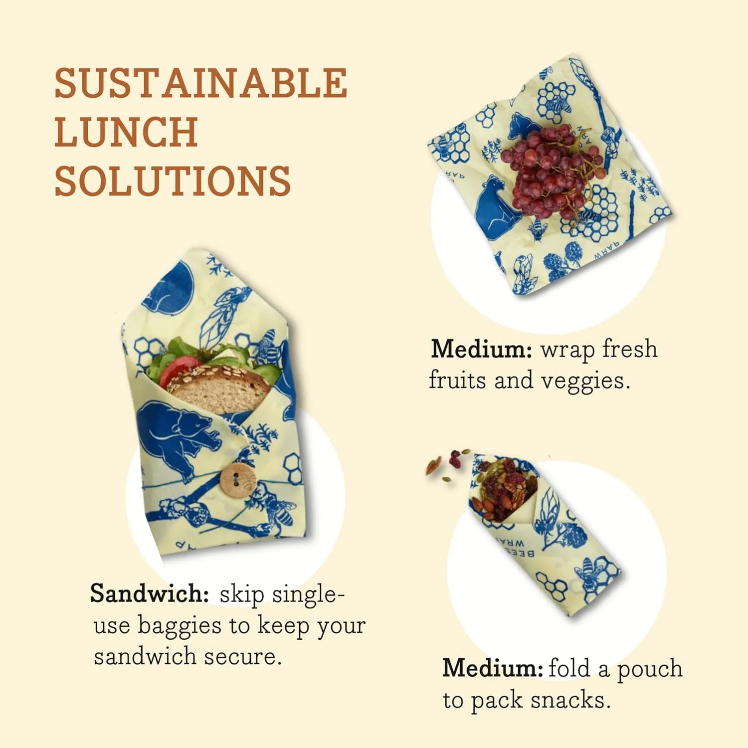 Bee's Wrap Beeswax Wraps for Food - Bees   Bears 3 Pack (2M 1 Sandwich) Made in USA Reusable & Organic Food Wraps, Sandwich Wrap - Eco-Friendly Alternative to Aluminum Foil & Plastic Wrap