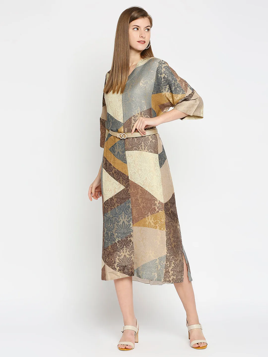 Beige Geometrical Print Brocade Tunic Dress