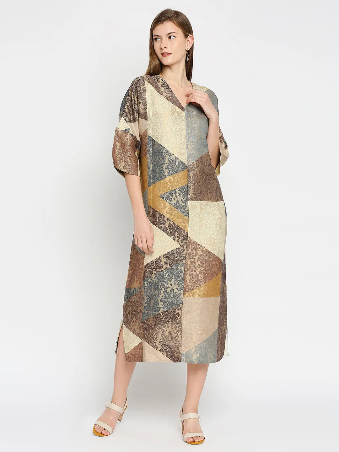 Beige Geometrical Print Brocade Tunic Dress