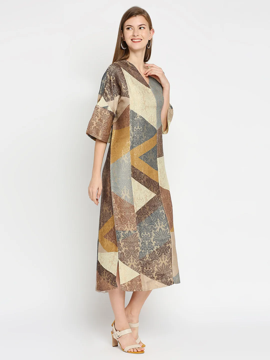Beige Geometrical Print Brocade Tunic Dress