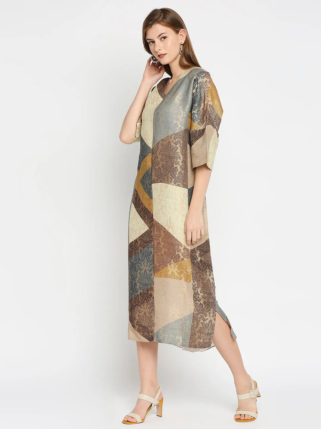 Beige Geometrical Print Brocade Tunic Dress
