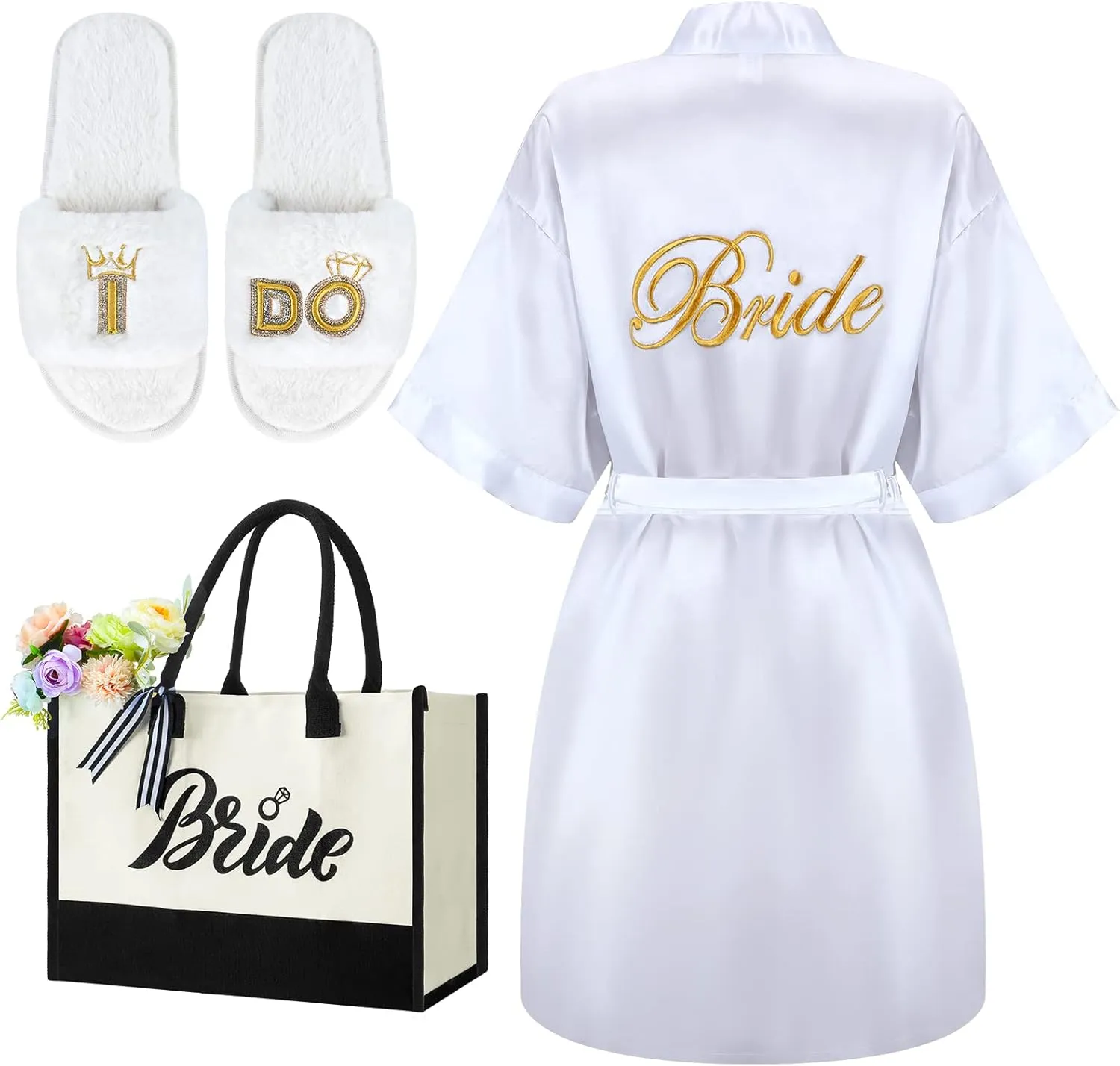 Berlune 3 Pcs Bride to Be Gift Sets Bridal Shower Gift Bride Robes Slippers Tote Bag for Bachelorette Wedding Party