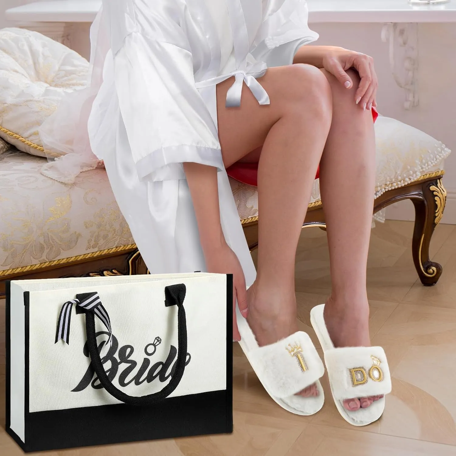 Berlune 3 Pcs Bride to Be Gift Sets Bridal Shower Gift Bride Robes Slippers Tote Bag for Bachelorette Wedding Party