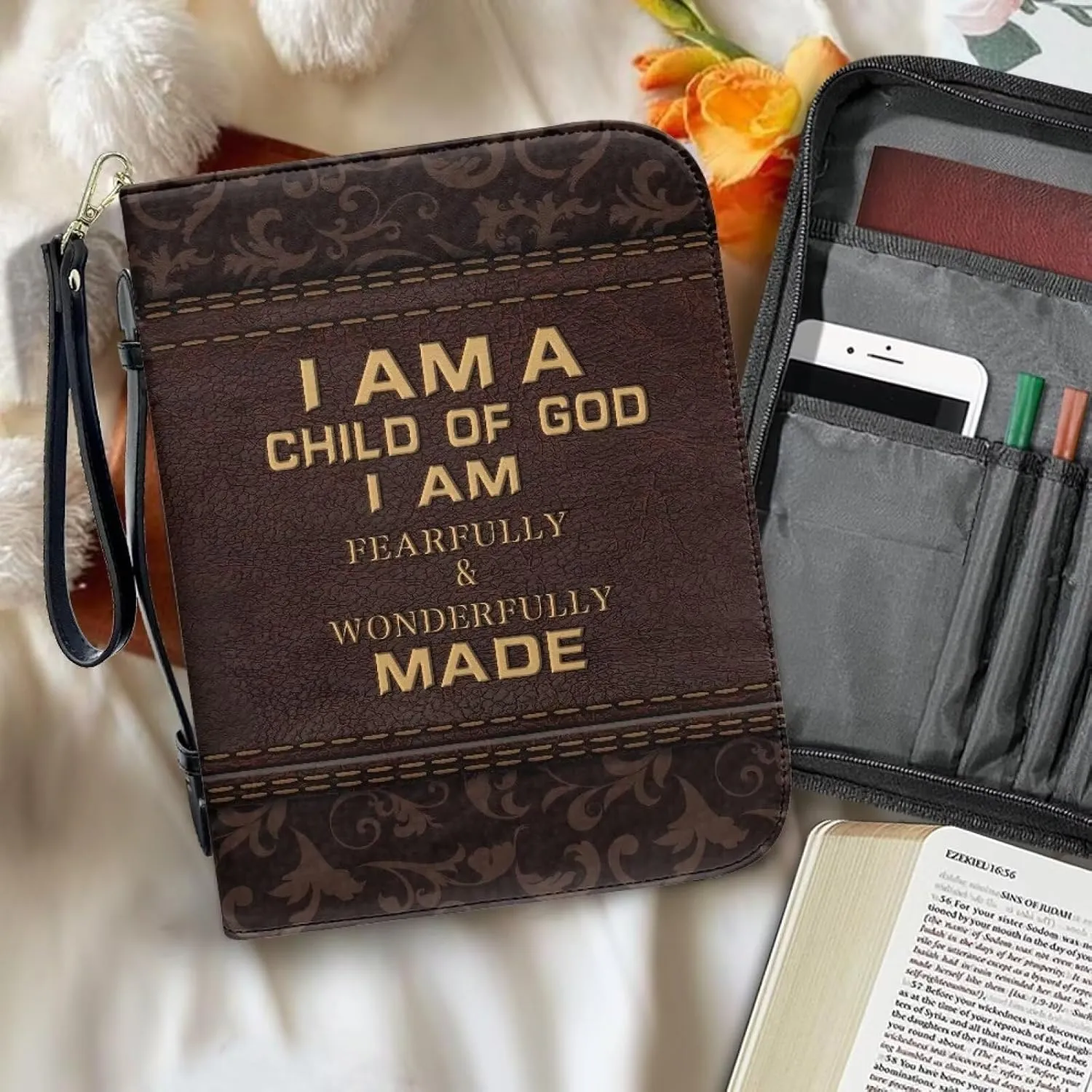 Bible Cover Case for Women Print Pattern Bible Cover Bag with Handle and Ribbon Fit for Standard & Large Size