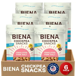 BIENA Chickpea Snacks - Crunchy Roasted Chickpeas - High Fiber Vegan Protein Snacks for Adults and Kids - 6 pack, 12 ounce Bags - Himalayan Pink Salt