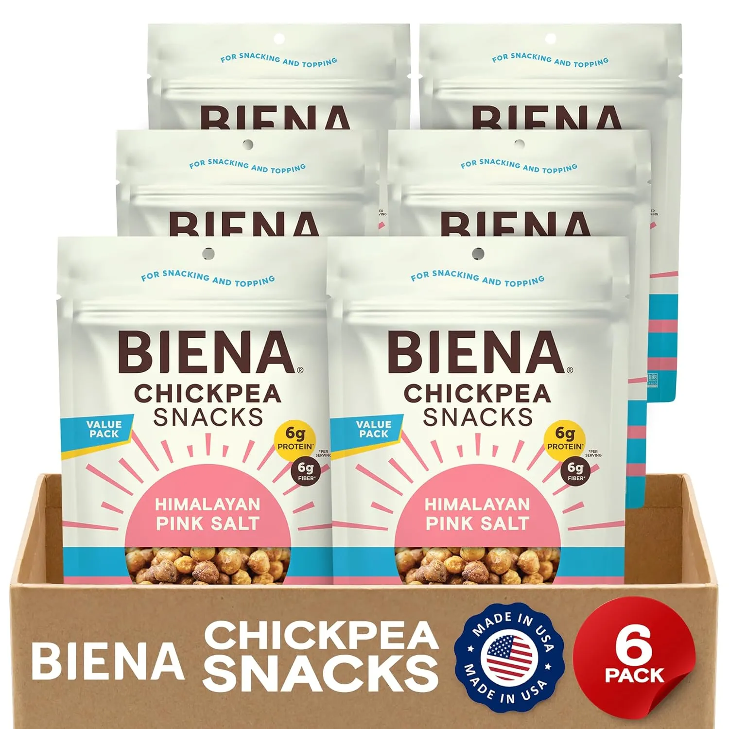 BIENA Chickpea Snacks - Crunchy Roasted Chickpeas - High Fiber Vegan Protein Snacks for Adults and Kids - 6 pack, 12 ounce Bags - Himalayan Pink Salt