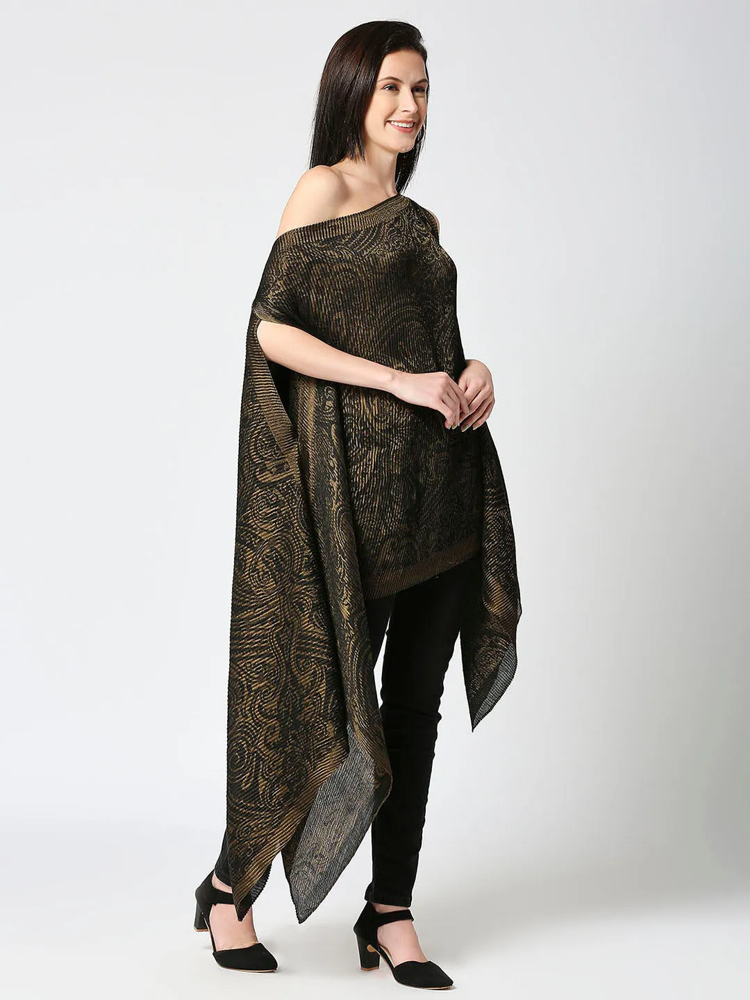 Black & Gold Paisley Designed Off Shoulder Brocade Pleated Poncho