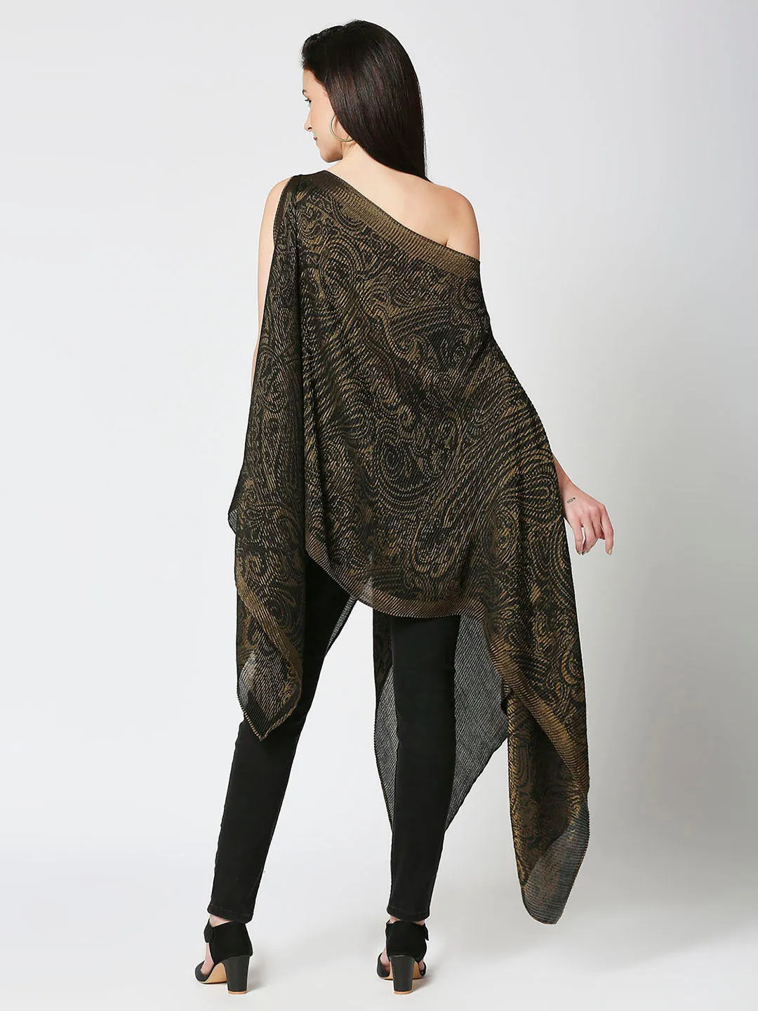 Black & Gold Paisley Designed Off Shoulder Brocade Pleated Poncho