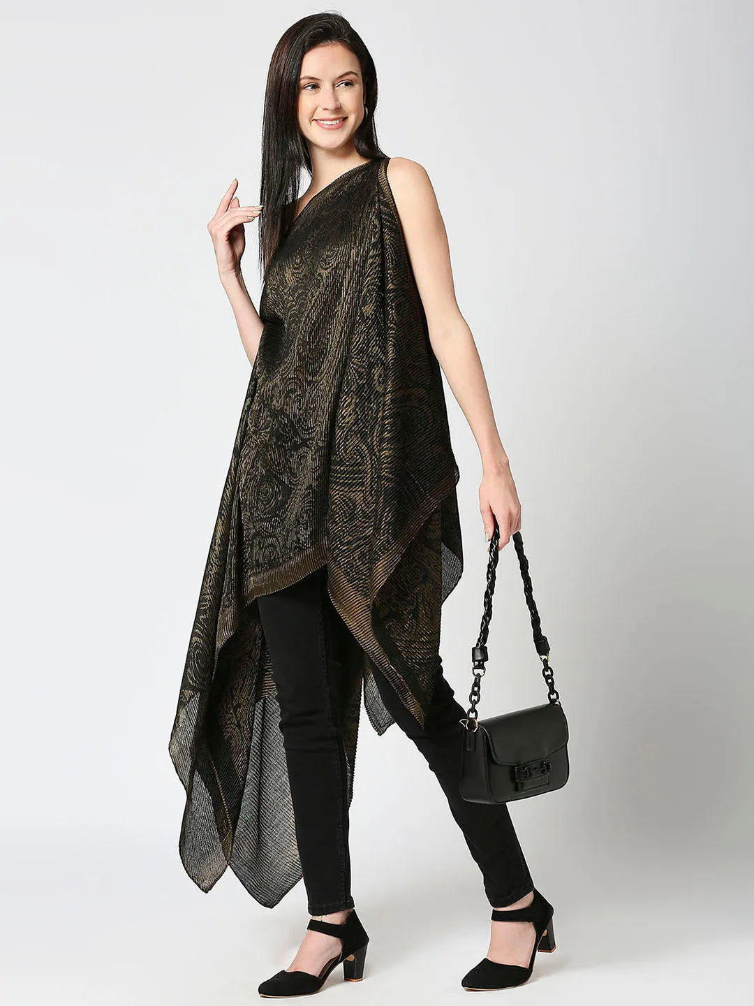 Black & Gold Paisley Designed Off Shoulder Brocade Pleated Poncho