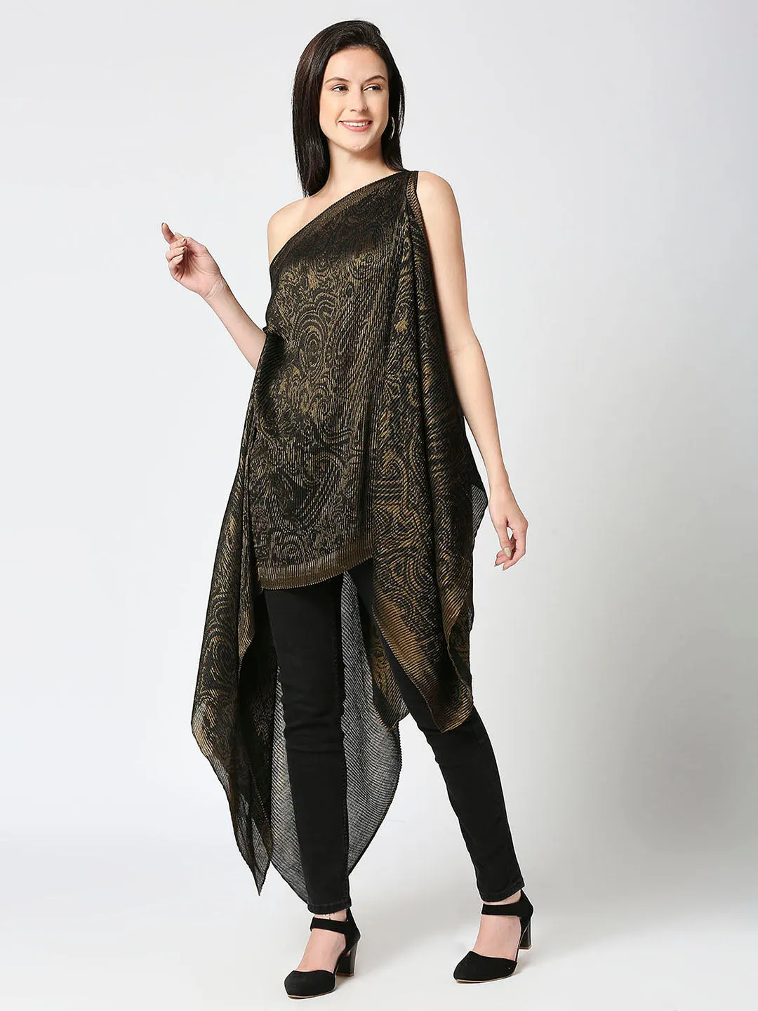 Black & Gold Paisley Designed Off Shoulder Brocade Pleated Poncho
