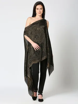Black & Gold Paisley Designed Off Shoulder Brocade Pleated Poncho