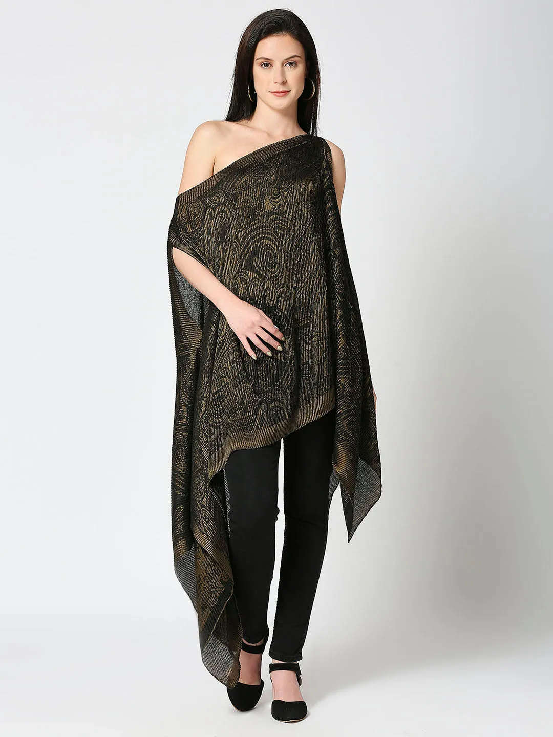 Black & Gold Paisley Designed Off Shoulder Brocade Pleated Poncho