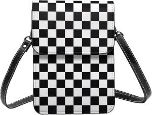 Black and Yellow Checkered Flag Leather Crossbody Phone Purse for Women Cute Wallet Bags Lightweight Mini Sling Bag