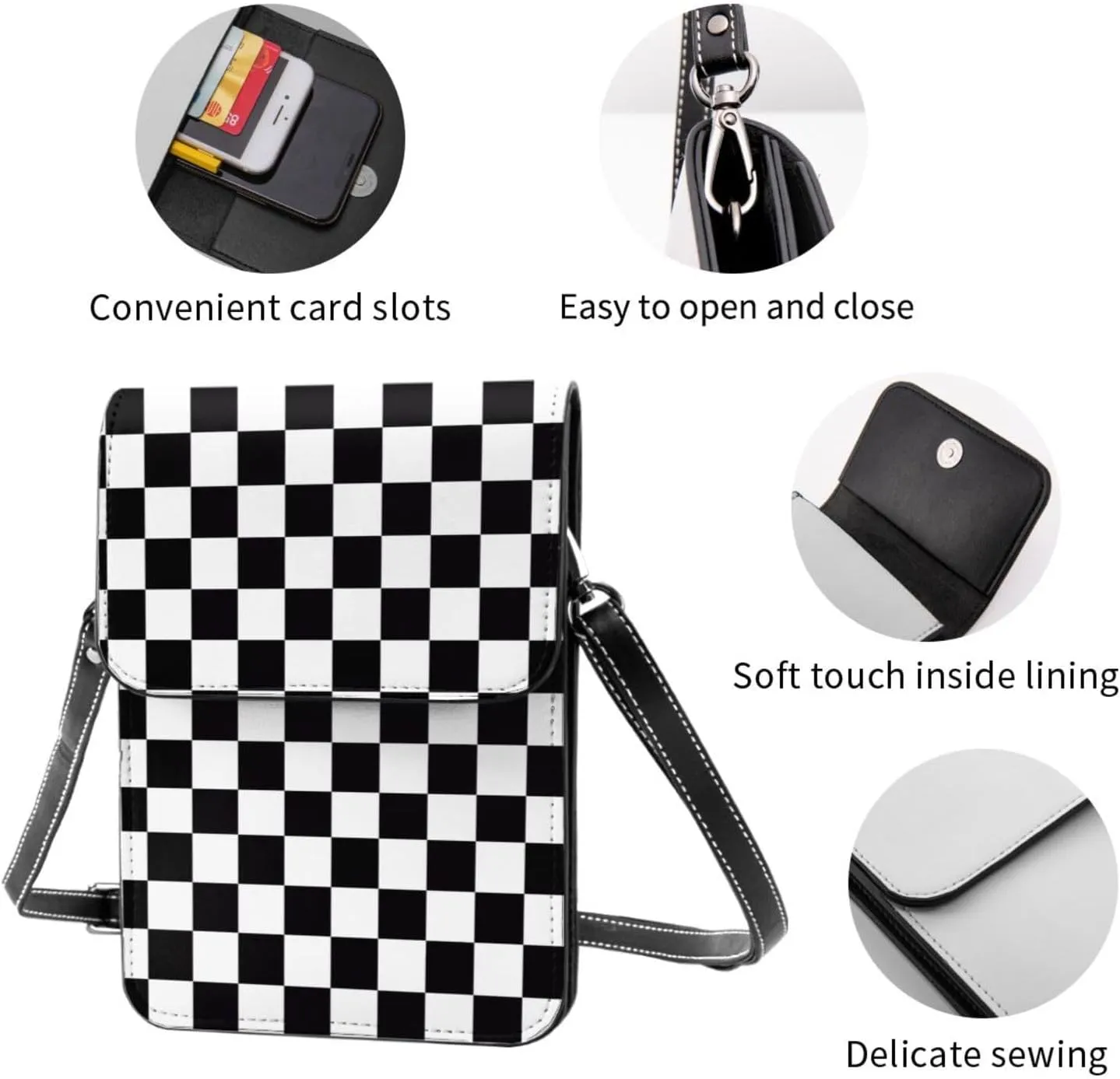 Black and Yellow Checkered Flag Leather Crossbody Phone Purse for Women Cute Wallet Bags Lightweight Mini Sling Bag