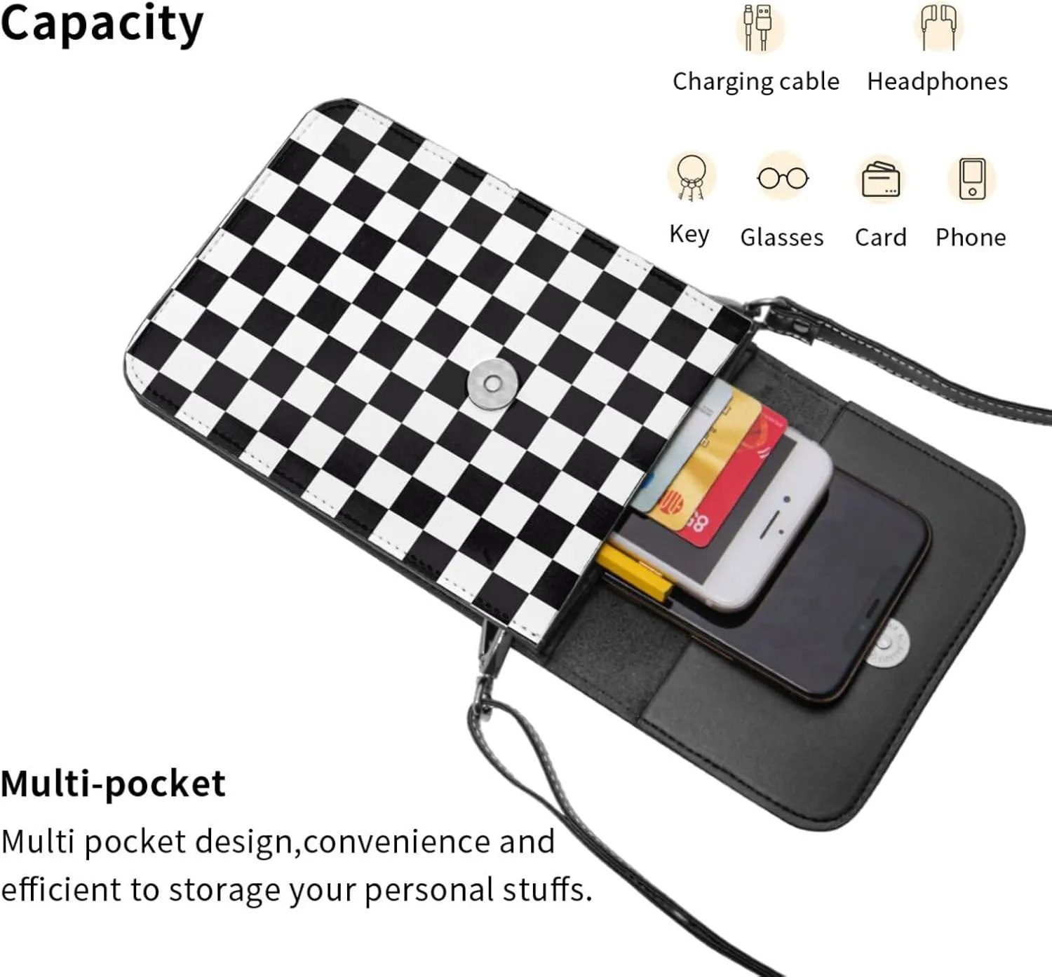Black and Yellow Checkered Flag Leather Crossbody Phone Purse for Women Cute Wallet Bags Lightweight Mini Sling Bag