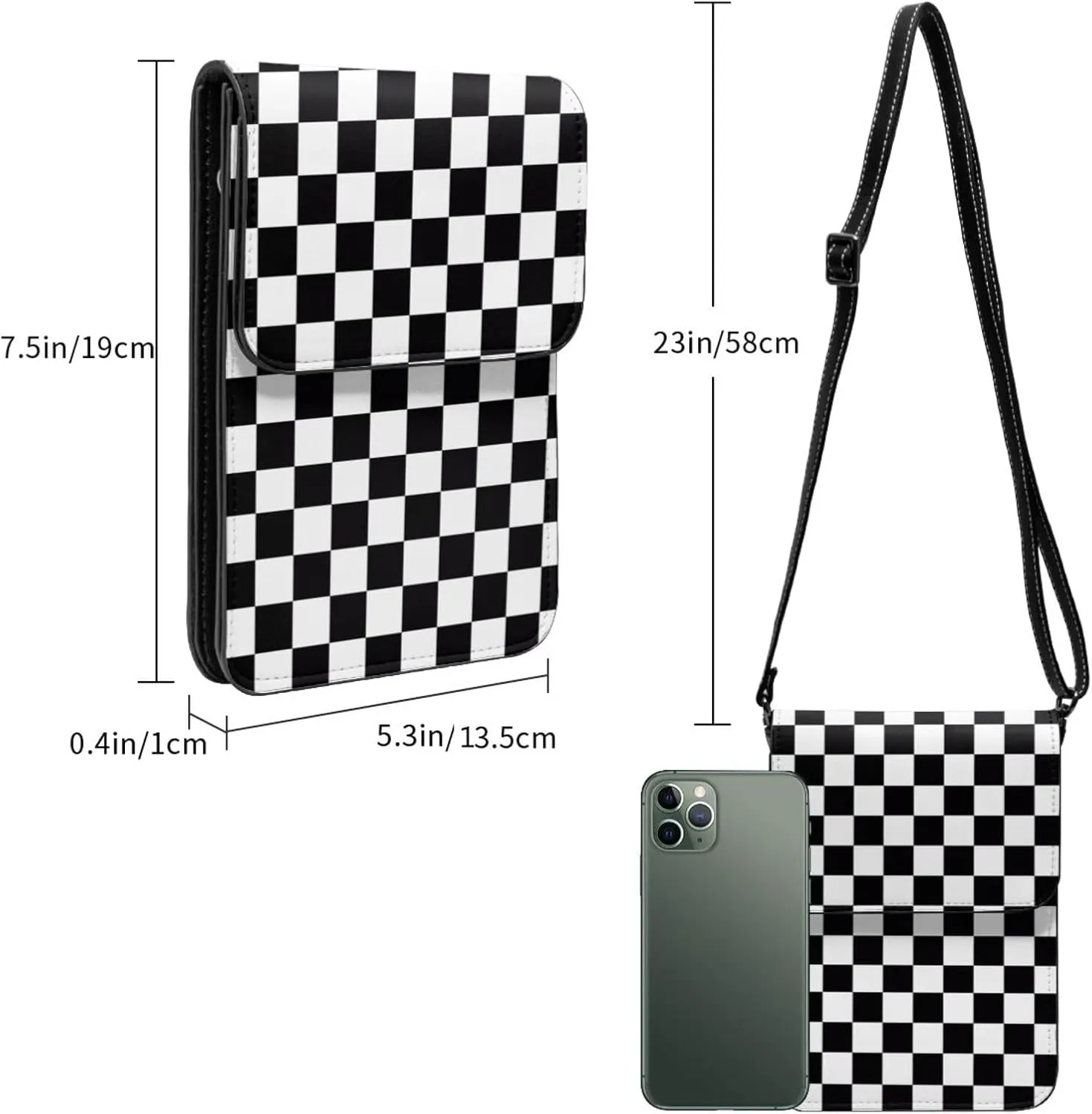 Black and Yellow Checkered Flag Leather Crossbody Phone Purse for Women Cute Wallet Bags Lightweight Mini Sling Bag