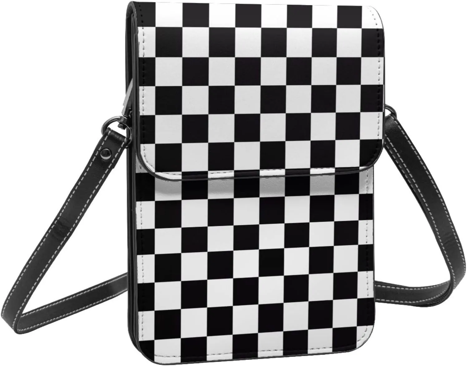 Black and Yellow Checkered Flag Leather Crossbody Phone Purse for Women Cute Wallet Bags Lightweight Mini Sling Bag