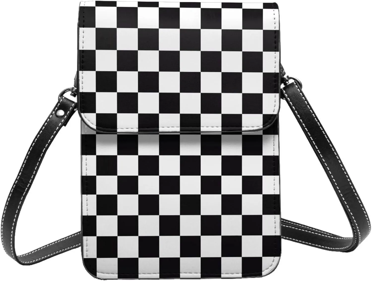 Black and Yellow Checkered Flag Leather Crossbody Phone Purse for Women Cute Wallet Bags Lightweight Mini Sling Bag