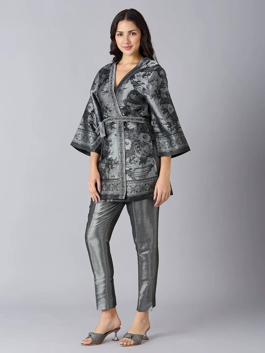 Black Silver Floral Design Brocade Kimono Set