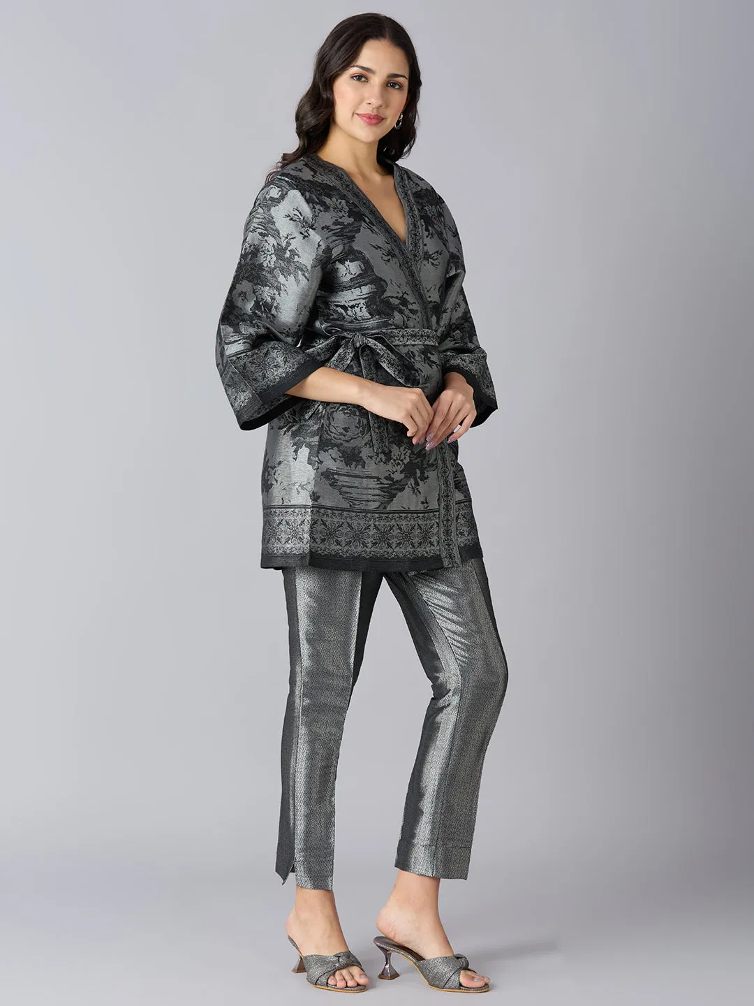 Black Silver Floral Design Brocade Kimono Set
