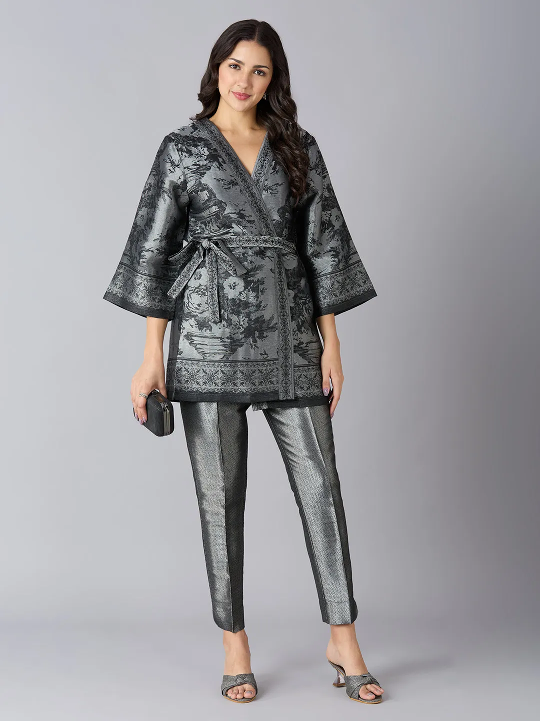 Black Silver Floral Design Brocade Kimono Set