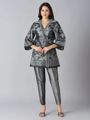 Black Silver Floral Design Brocade Kimono Set