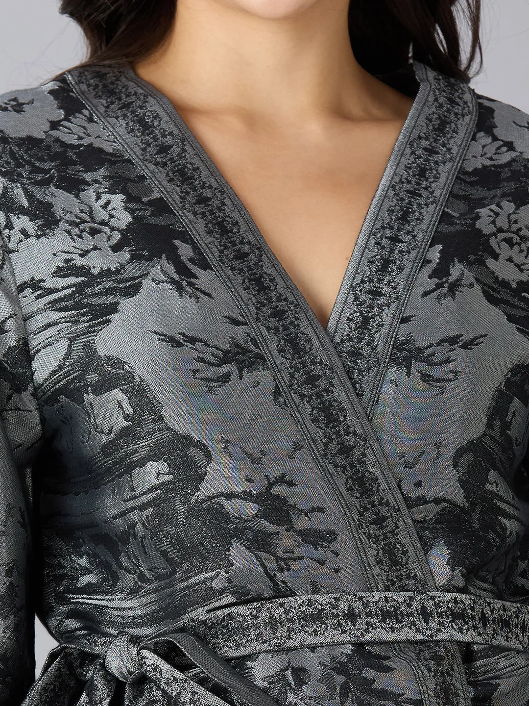 Black Silver Floral Design Brocade Kimono Set