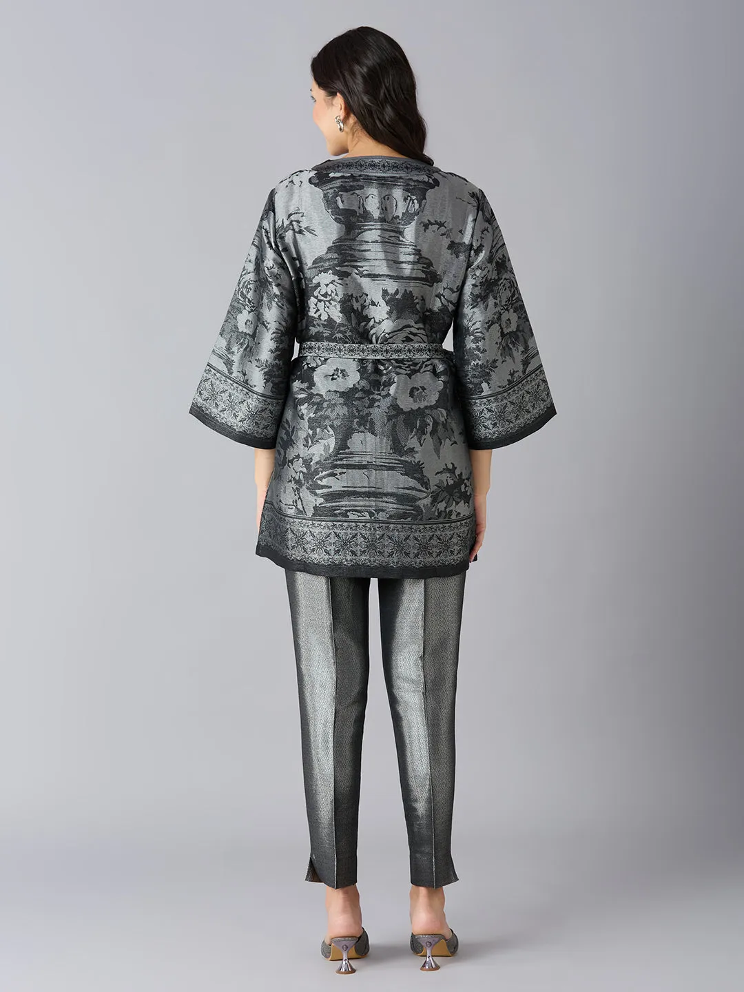 Black Silver Floral Design Brocade Kimono Set