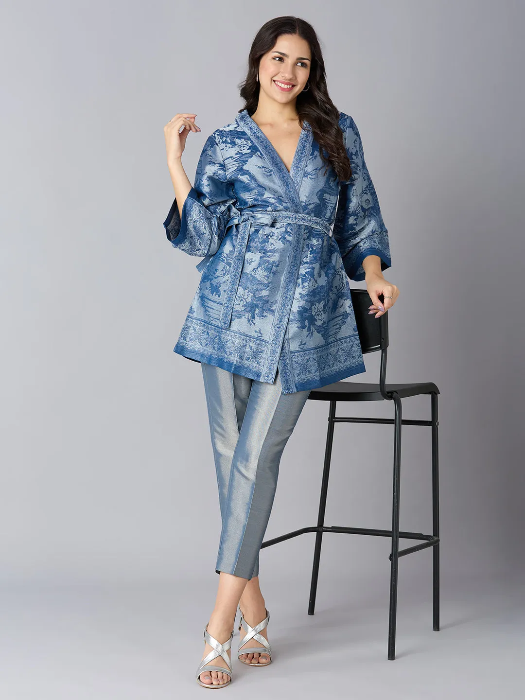 Black Silver Floral Design Brocade Kimono Set