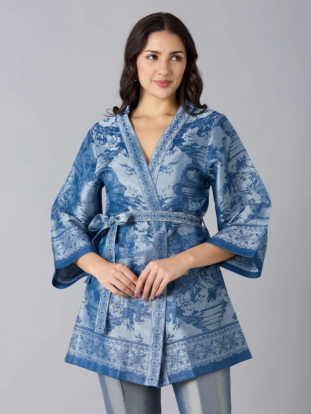 Black Silver Floral Design Brocade Kimono Set
