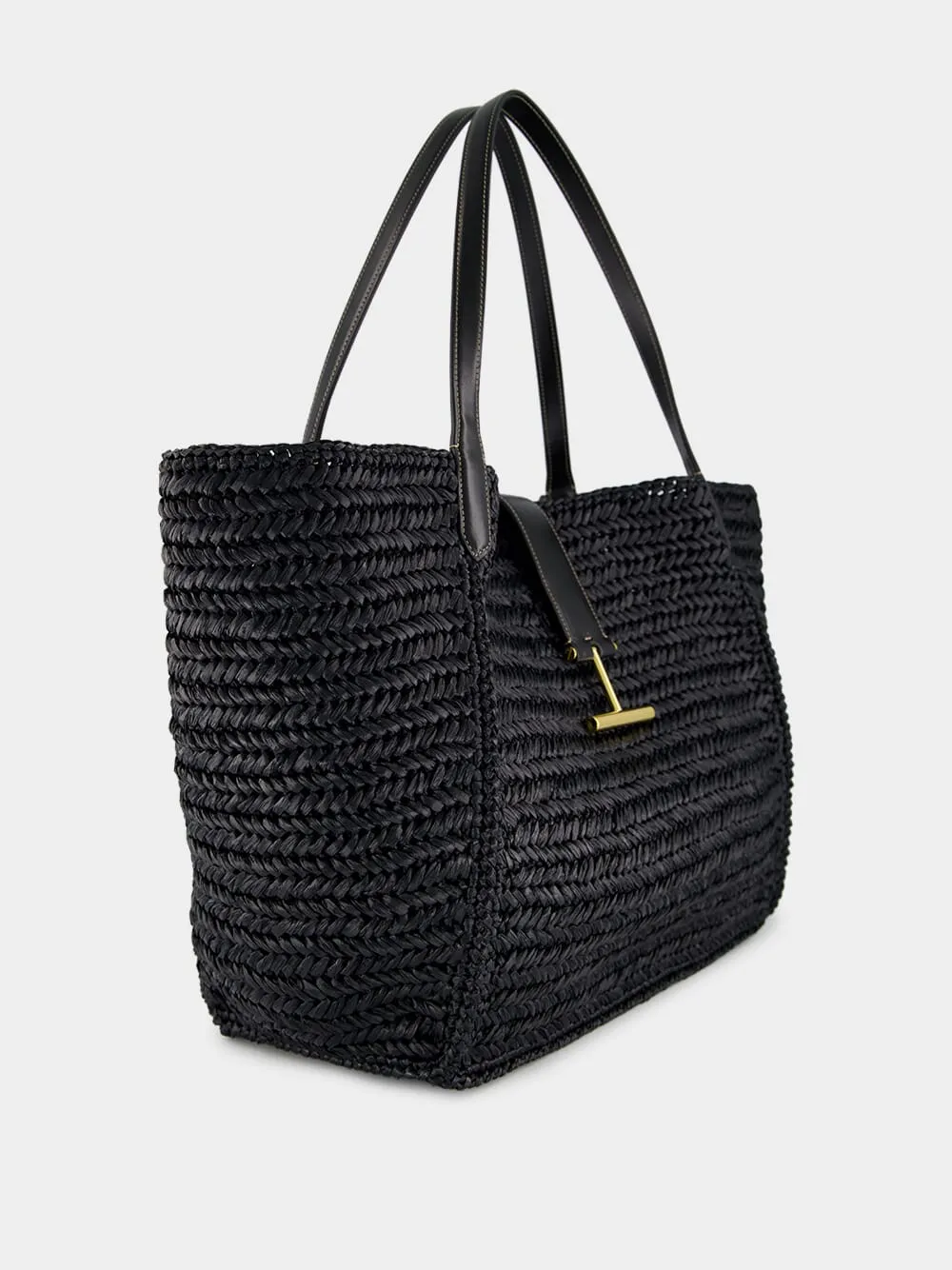 Black Tara Raffia and Leather Large Tote Bag