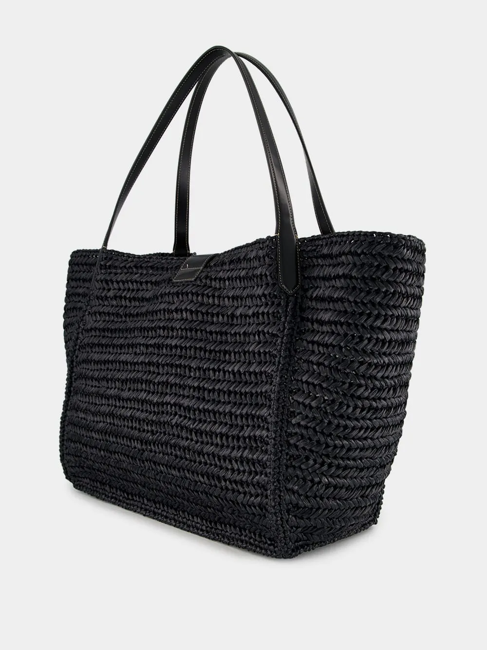 Black Tara Raffia and Leather Large Tote Bag