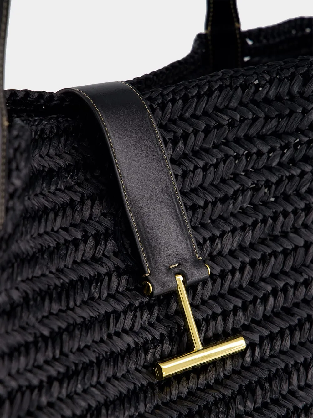 Black Tara Raffia and Leather Large Tote Bag