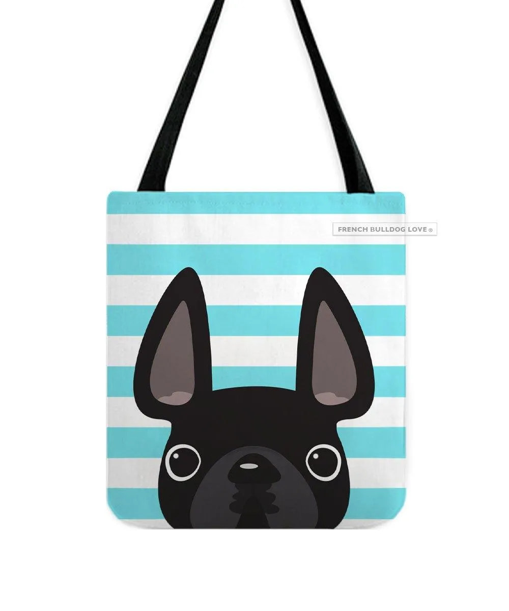 Black / Teal Striped French Bulldog Tote Bag