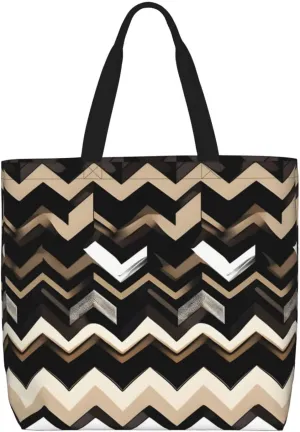 Black White Tan Zigzag print Large Capacity Women Tote Bag, Stylish Zipper Shoulder Bag for Daily Travel