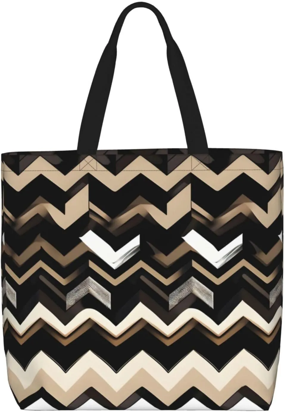 Black White Tan Zigzag print Large Capacity Women Tote Bag, Stylish Zipper Shoulder Bag for Daily Travel