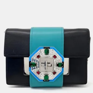 Black/Blue City Calf Jewels Embellished Ribbon Shoulder Bag