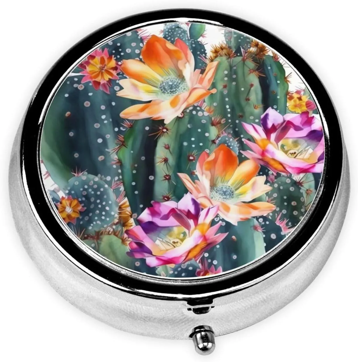 Blooming Cactus Pill Box Round Pill Case for Pocket Purse 3 Compartment Medicine Pill Organizer Cute Portable Travel Pillbox Vitamin Cod Liver Oil Storage Box Unique Gift Organizer